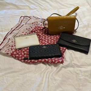 Coach BUNDLE- silk scarf, zip up wallet, clutch, and mini handbag